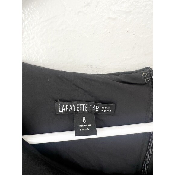 Lafayette 148 New York Black Sheath Wool Leather Dress Zip Back Leather Waist 8 - Picture 2 of 7